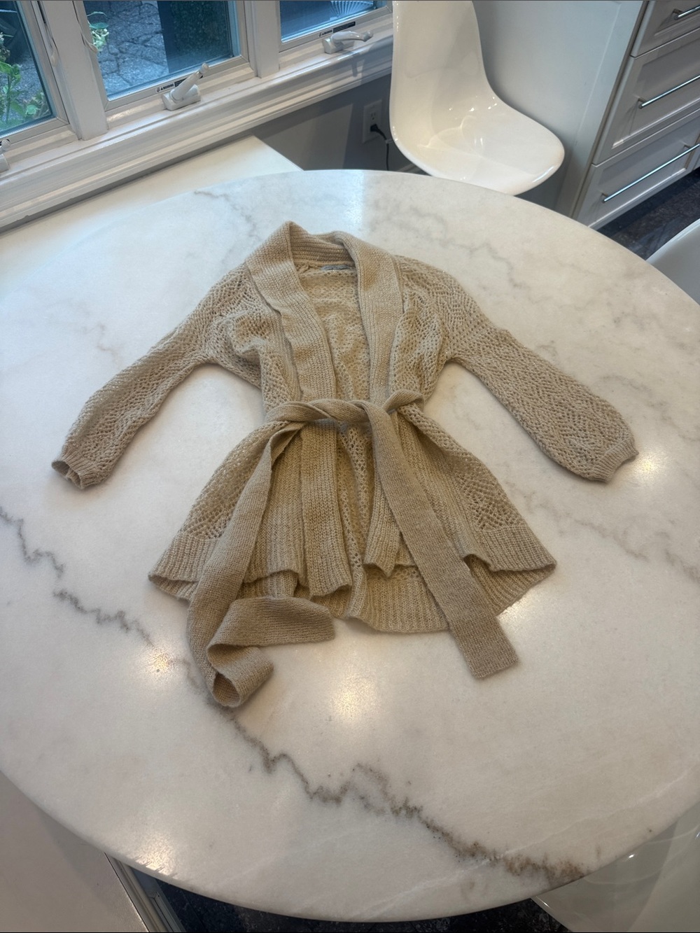 NWOT Charlotte Russe Tan shimmer Belted open Knit shawl collar Cardigan